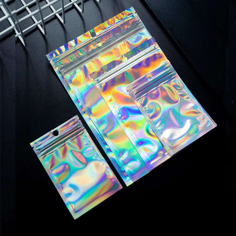 100PCS Shiny Reflective PET Color Laser Film Zipper Bag Moisture Proof Gift Packaging Pouch Cosmetic Tool Individual Pack Bag