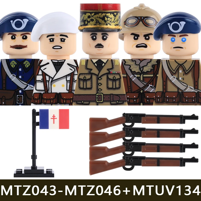 Militärische französische Soldaten- und Offiziers-Bausteine, Armee-Infanterie-Führer, historische Krieger-Zubehörteile, Helm, Gewehr, Flagge, Bausteine, Spielzeug – Detail 3