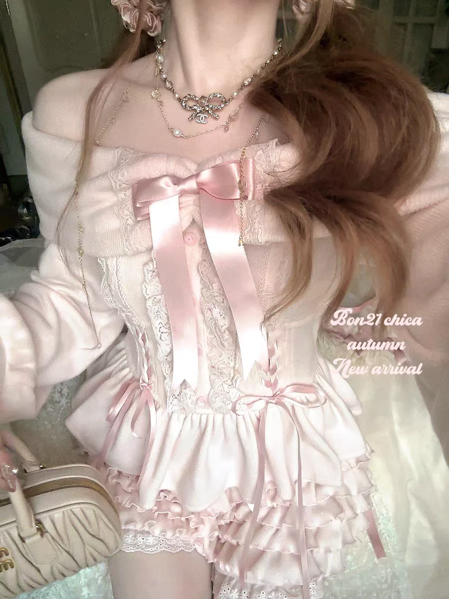 Princess sweet lolita shirt bobon21 Retro Nana slash neck Strapped Bow Knitted Shirt T2423