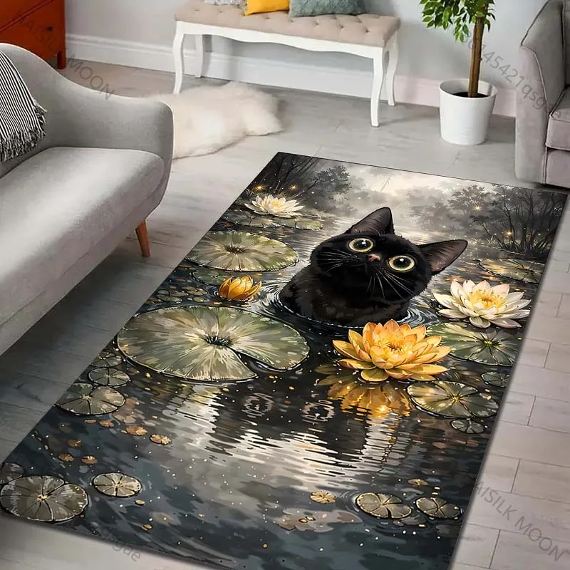 Multiple sizes Black cat in lotus pond Print Carpet Rug for Living Room Bedroom Sofa Doormat Home Decor Non-slip Floor Mat