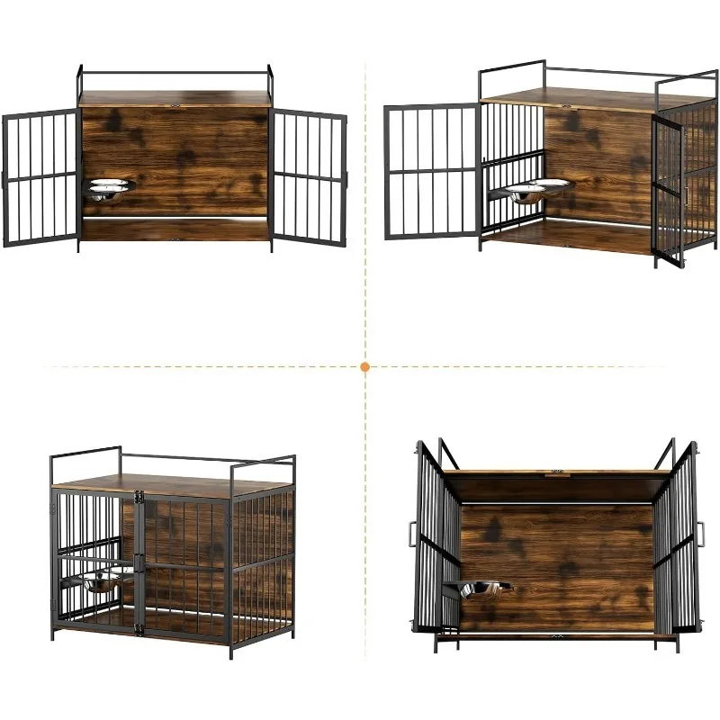 Dog Crate Furniture-Style Cages for Large Dogs Indoor Heavy Duty Super Sturdy Dog Kennels with Stainless Steel Bowls Strong