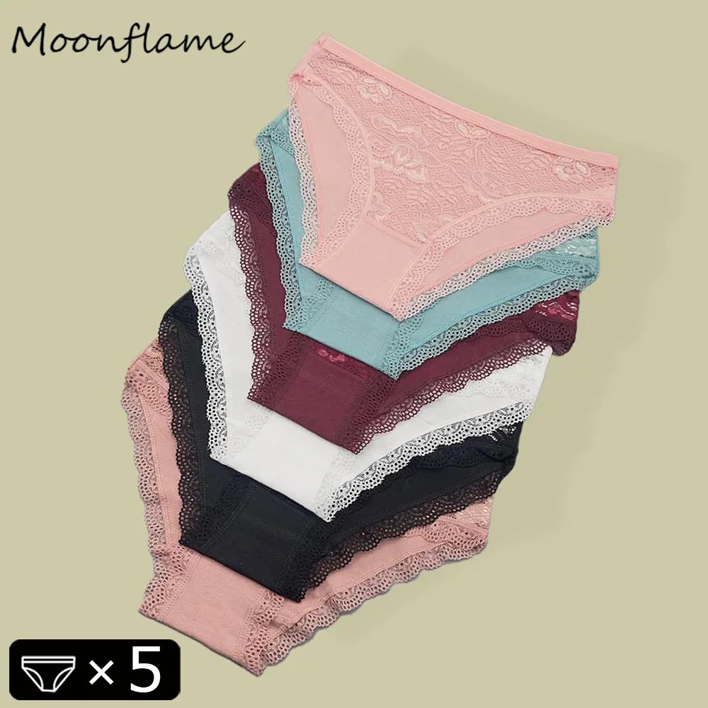 Moonflame 5 pezzi slip da donna in cotone trasparente con pizzo tinta unita a vita bassa