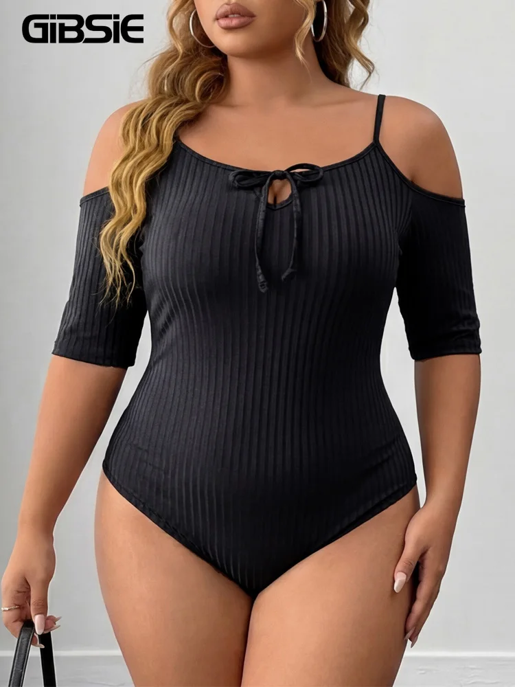 

GIBSIE Plus Size Black Tie Front Cold Shoulder Cami Bodysuit Female Summer Rib-knit Elastic Tight Bodys For Women Sexy Body Suit