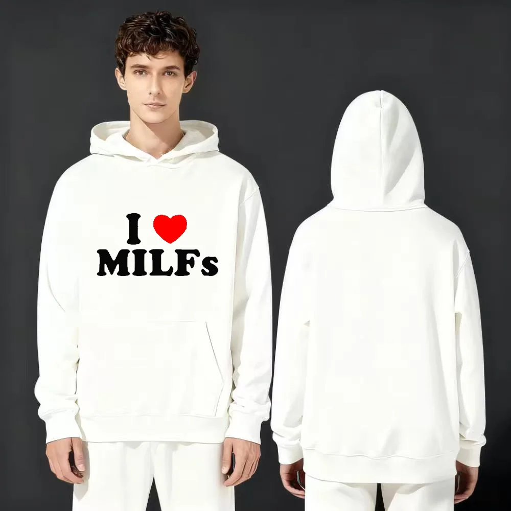 

2025 Новая модная толстовка из тяжелого веса 330 г, белая, с принтом «Я люблю MILFs», дизайн спереди, унисекс, повседневная уличная одежда, пуловер, удобная посадка