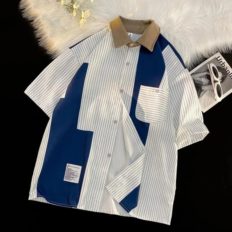 

Large Size 300 Pou Color Blo Striped Casual irt Men's Summer Thin Workwear irt Collar up Coat American Sle ort S...