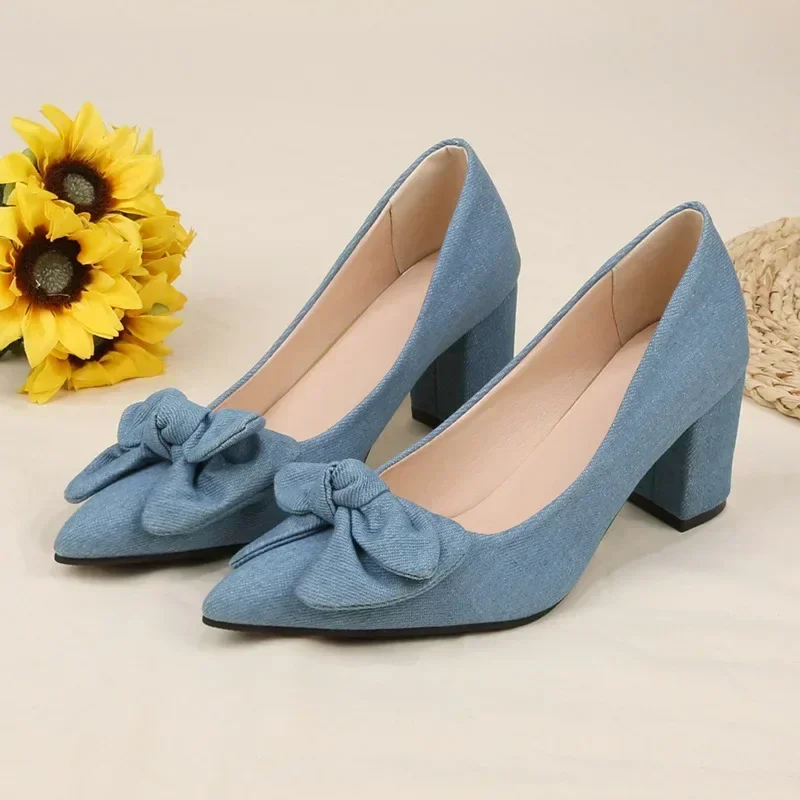 

Women Bowknot Denim High Heels Korean Autumn Fashion Elegant Pointed Stiletto Chunky Heels Pumps Party Dress Casual Shoes2024