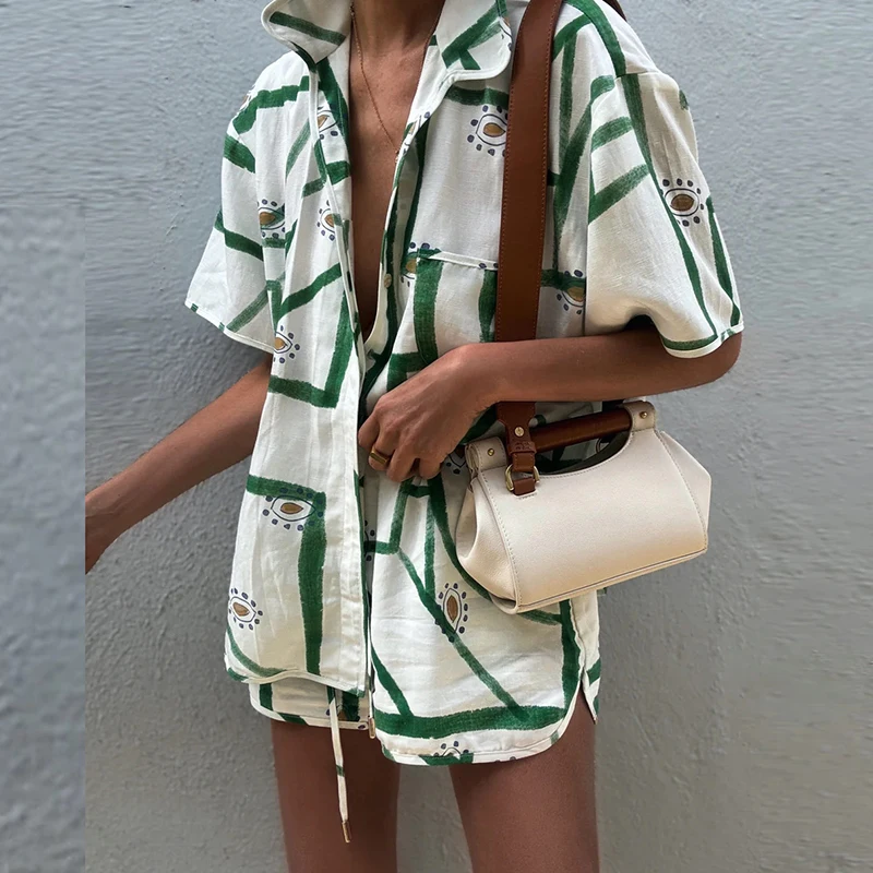 

Elegant Lapel Short Sleeve 2 Piece Suit Summer Single Breasted Shirts And Shorts Set Women Beach Vacation Loose Outfits Harajuku