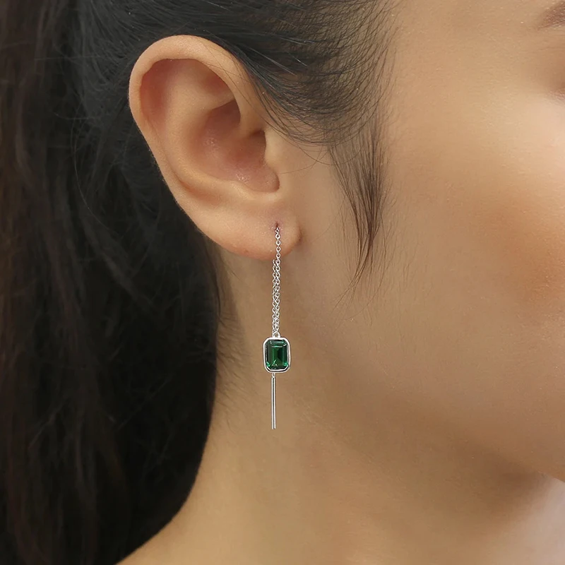 Huitan Long Wire Earrings with Green Cubic Zirconia Simple Fashion Women Earrings Piercing Statement Accessories Wedding Jewelry