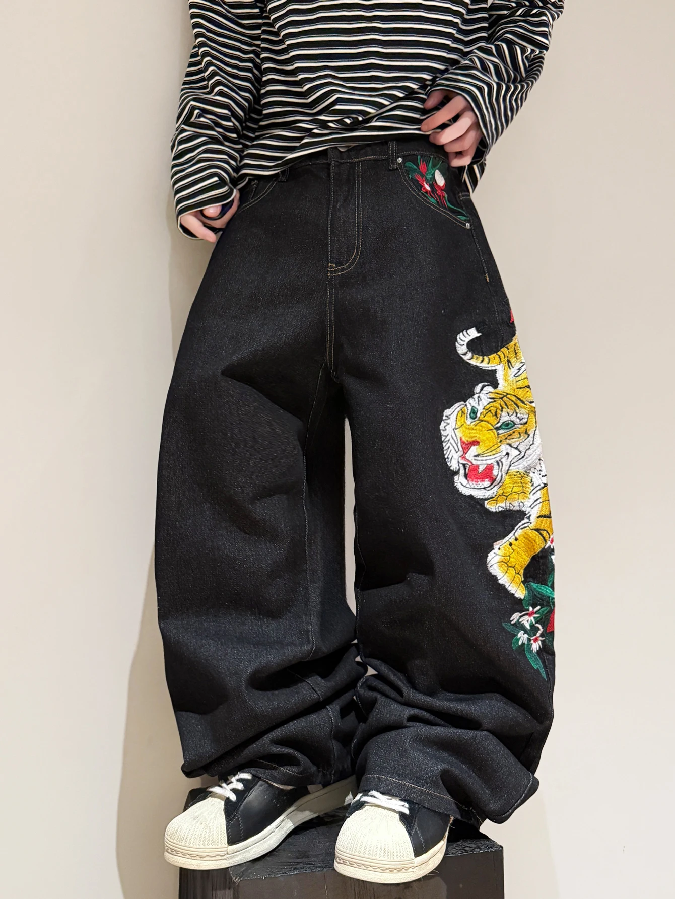 American Retro Tiger Embroidery Design Black Men's Loose Wide-Leg Jeans Y2K Street Hip-Hop Trendy Versatile Straight-Leg Pants