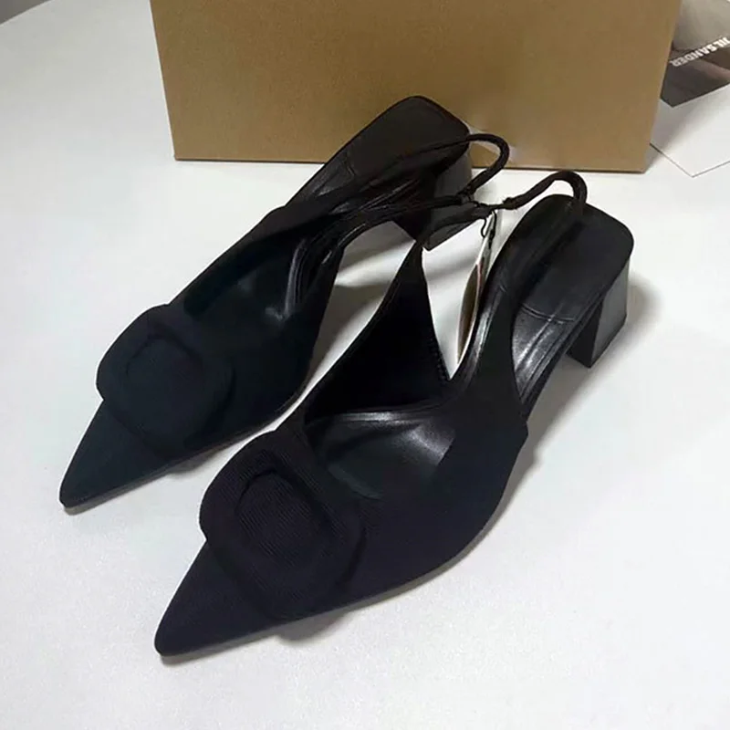 TRAF Point Head Square Heel Slingbacks Women Square Loop Decoration Black Pumps Shoes Solid Vintage Mid Heel Sandals For Woman