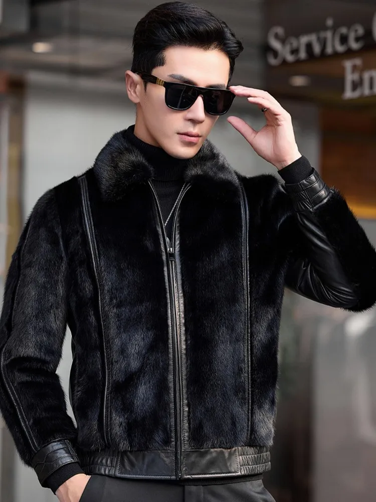Luxury Mens Winter Real Mink Fur Jacket Slim Fit Spliced Goatskin Genuine Leather Coat Business Work Warm Down Jacket Overcoat