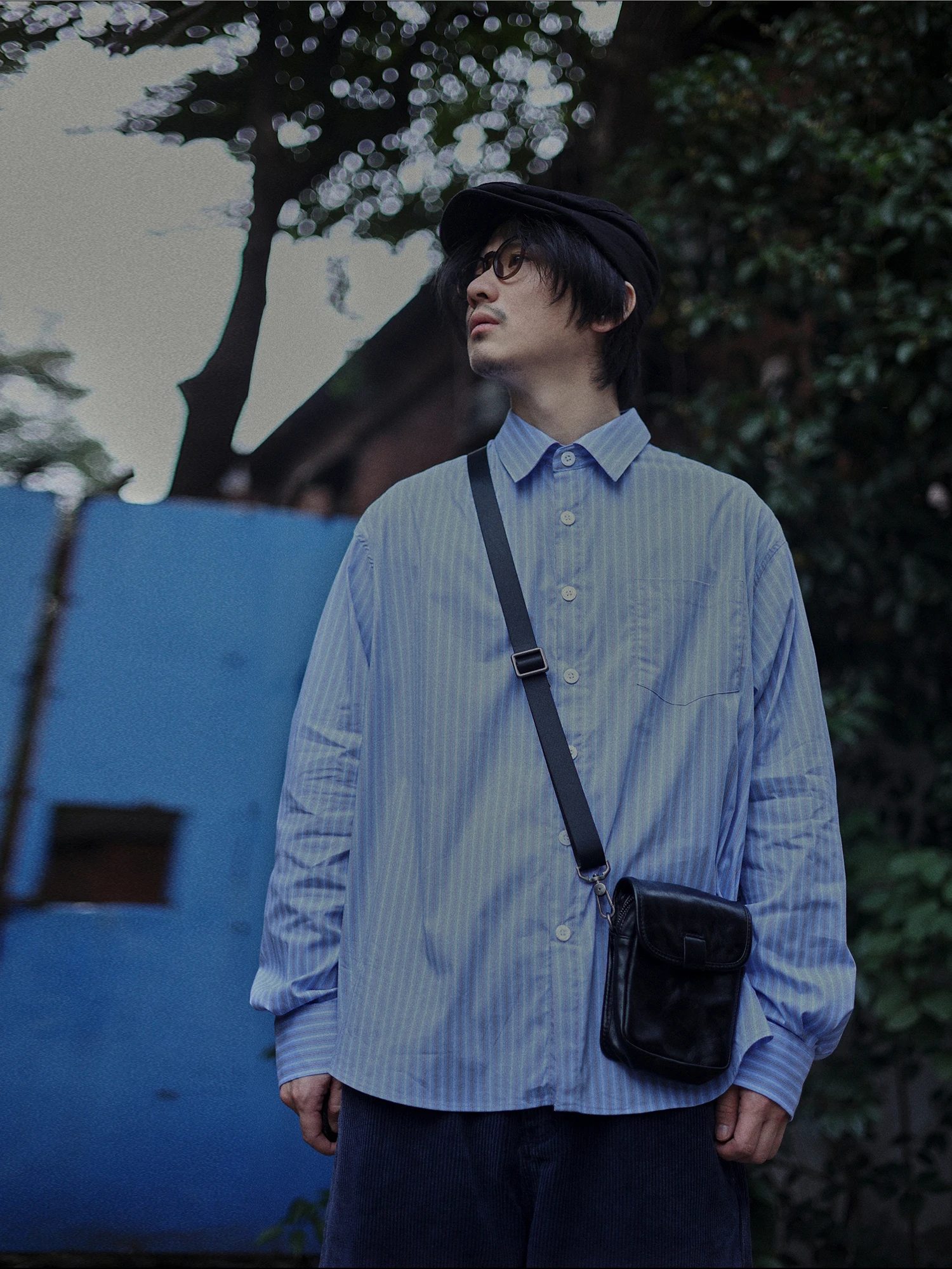 

Blue Striped Long Sleeve Men's Shirt Youth Inner Wear Retro Style Japanese Artistic Autumn Winter Cotton Nylon Blend Button up
