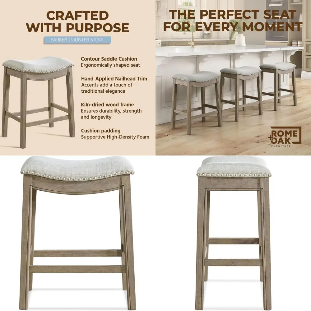 

Набор из 3-х барных стульев из переработанного дуба с сиденьями из ткани цвета пепельно-серого, высота 26 дюймов.