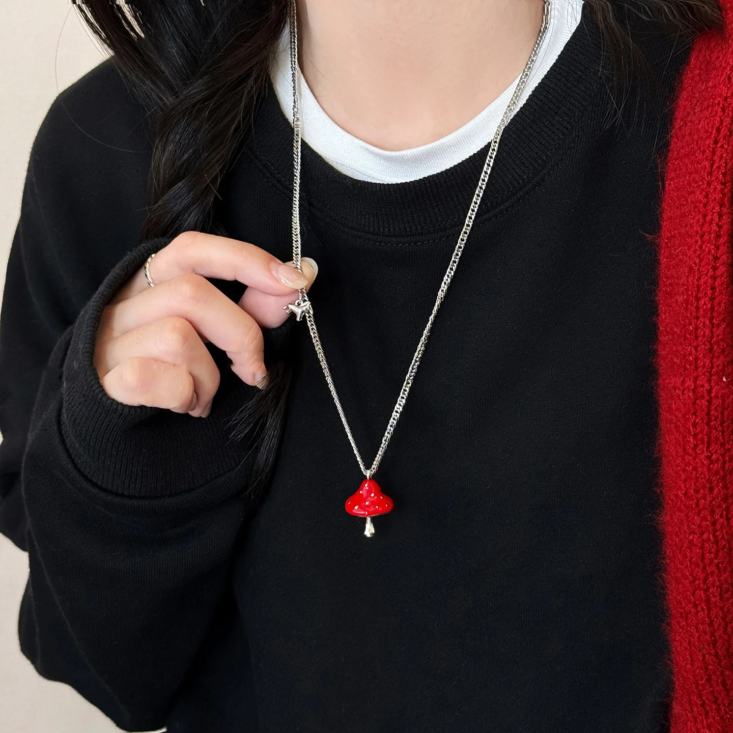 Simple Cute Childlike Fun Stereoscopi Red Mushroom Pendant Necklace for Women Trendy Cute Sweater Chain Charm Jewerly Gift