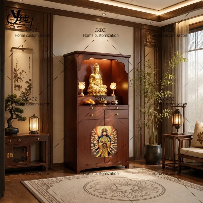 Thousand-handed Guanyin Bodhisattva Buddha statue, water and land painting, solid wood casket, new Chinese Buddhist cabinet