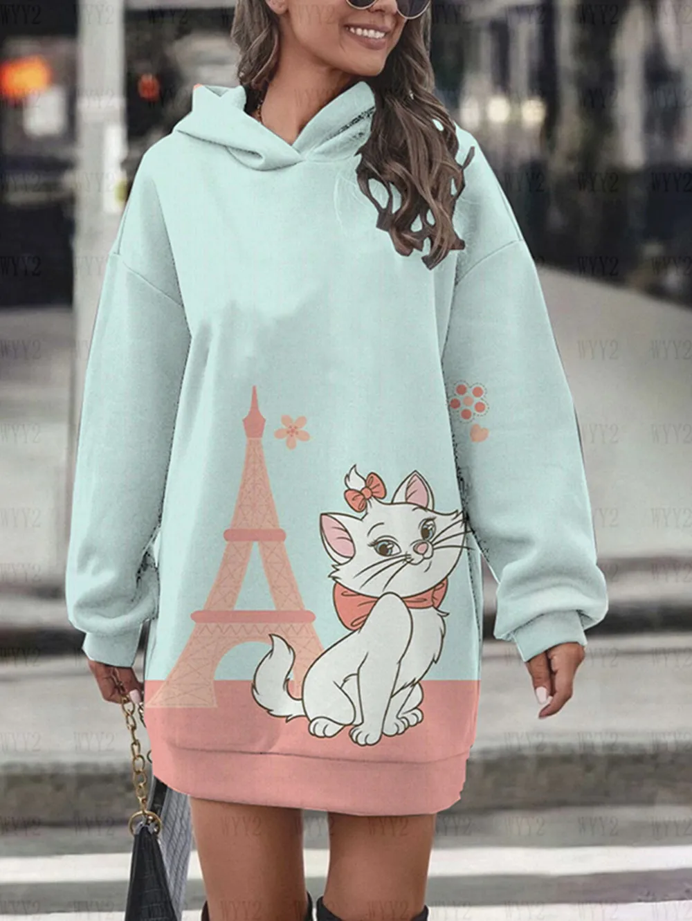 2024 new Disney Marie Cat long-sleeved pullover hoodie dress print casual street style autumn and winter hooded skirt