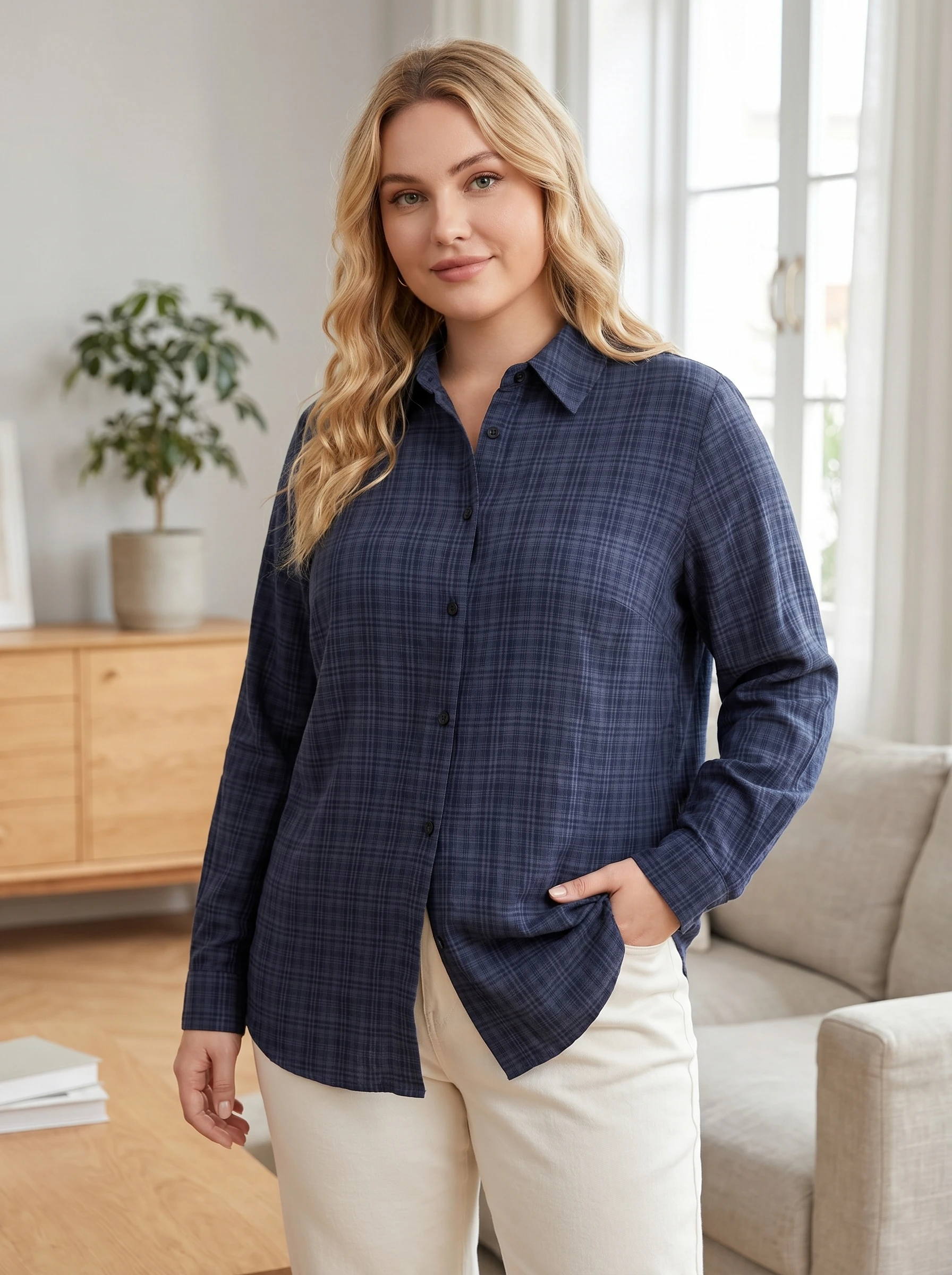 

Rosa fera Plus Size Women's Plaid Collared Shirt Long Sleeve Button Up Loose Fit Casual Blouse for Autumn Winter