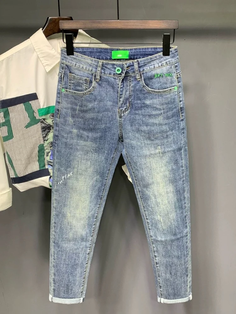 

Джинсы Slim Fit, мужские летние новые элитные модные брендовые повседневные винтажные крутые длинные брюки с тонкой талией, хлопковые эластичные джинсовые брюки
