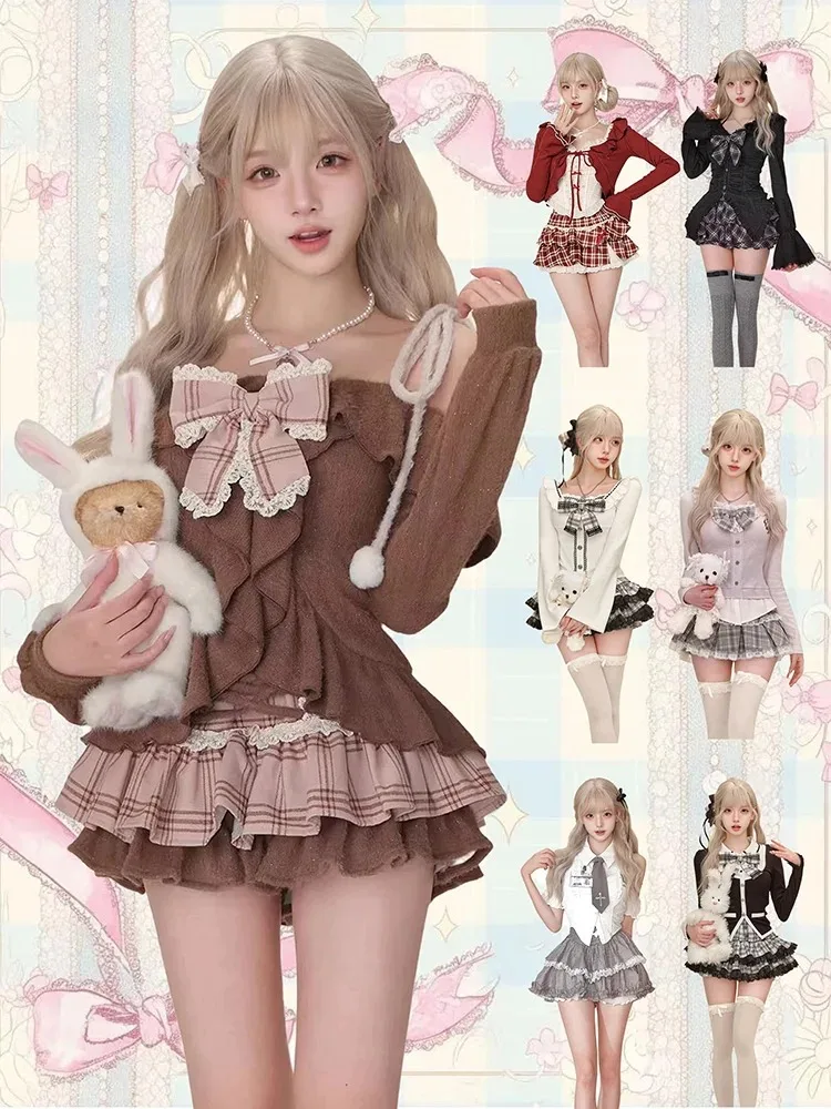 

Japanese Sweet Lolita Style Skirt Set Women Kawaii Lace Patchwork Bow Tops Y2k Plaid Mini Skirt Elegant Outifits 2 Piece Set