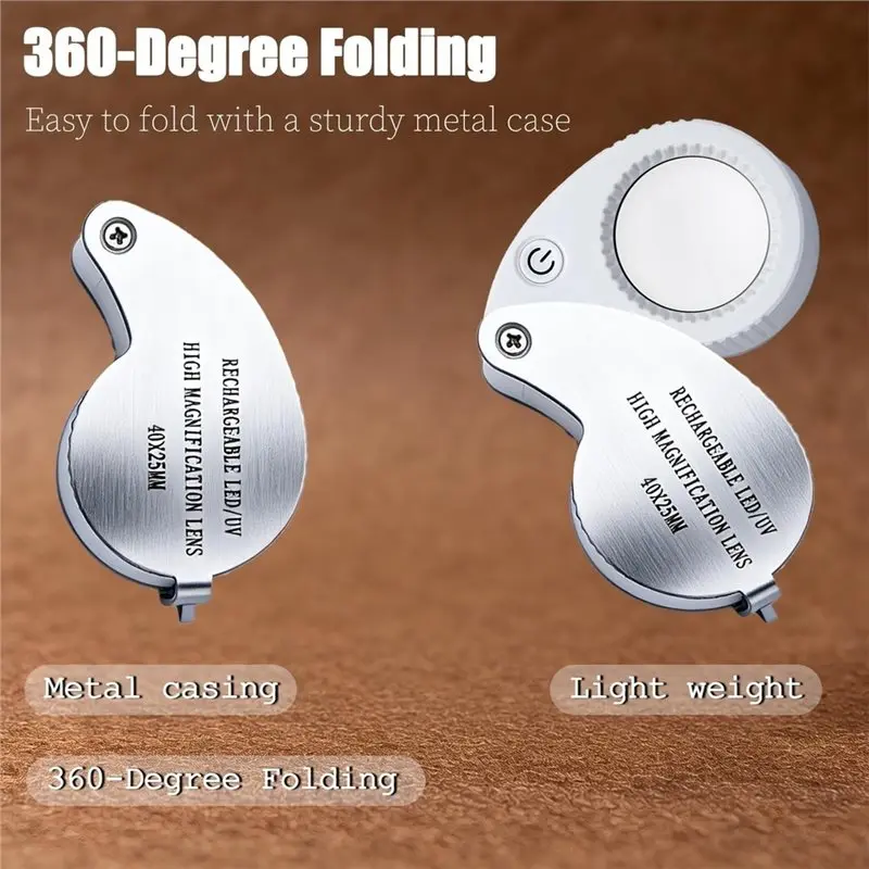 Foldable 25Mm Pocket Eye Loop Magnifier 40X Rechargeable Jewelers Loupe With 25Mm LED UV Light Eye Magnifier 2 Modes A