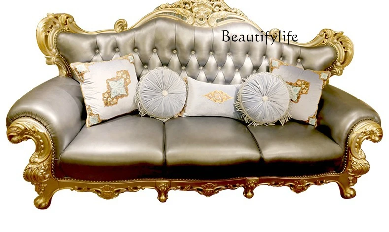 

European leather sofa luxury solid wood living room large apartment villa home designer fashion