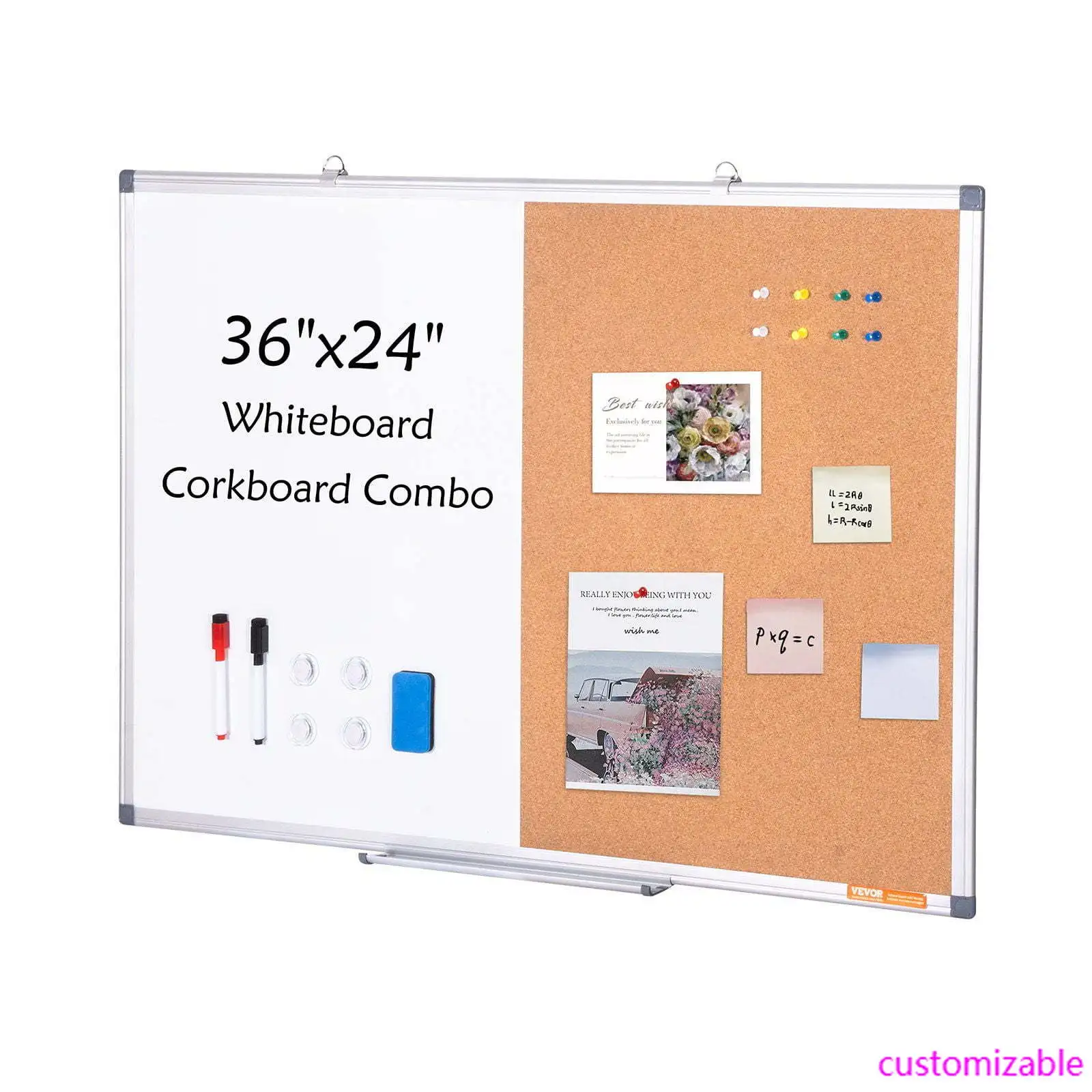 

36"x 24" Whiteboard & Cork Board Combo with Aluminum Frame for School Home