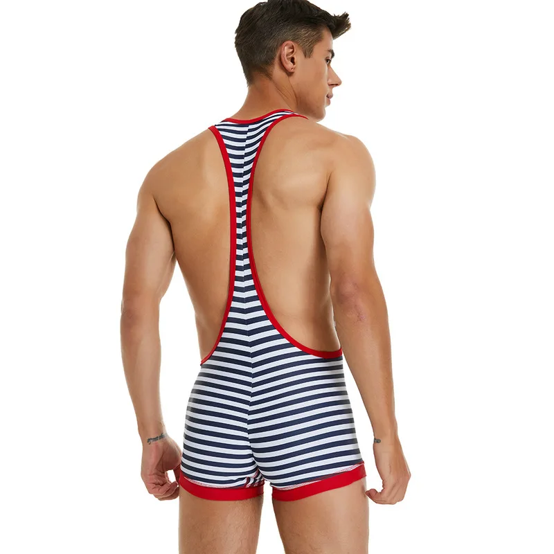 Stripe Undershirts Suits Sexy Men JumpSuit Exotic Super Soft Undershirt Open Butt Wrestling Singlet Breathable BodySuit Sport