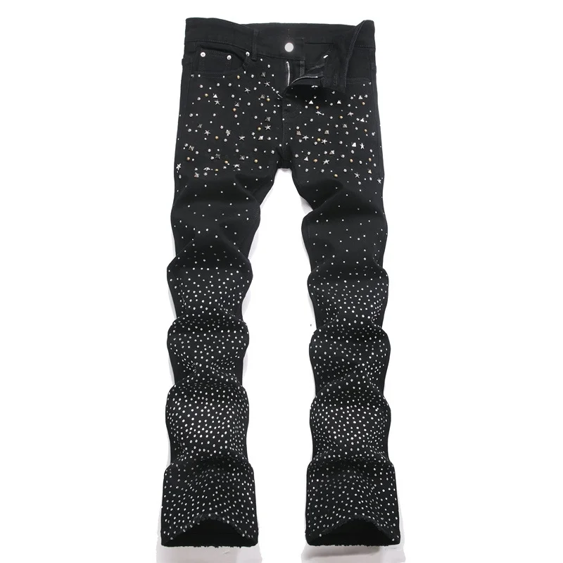 Men's Fashion Flare Jeans Pants With Multi Rivets High Street Slim Fit Wide Leg Denim Trousers Stretchy Bell Bottom Jeans