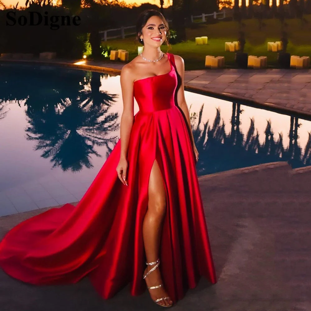 

SoDigne Red Satin Party Evening Dress For Women Banqiet One Shoulder Simple A-Line Prom Formal Dress Side Split Party Gown