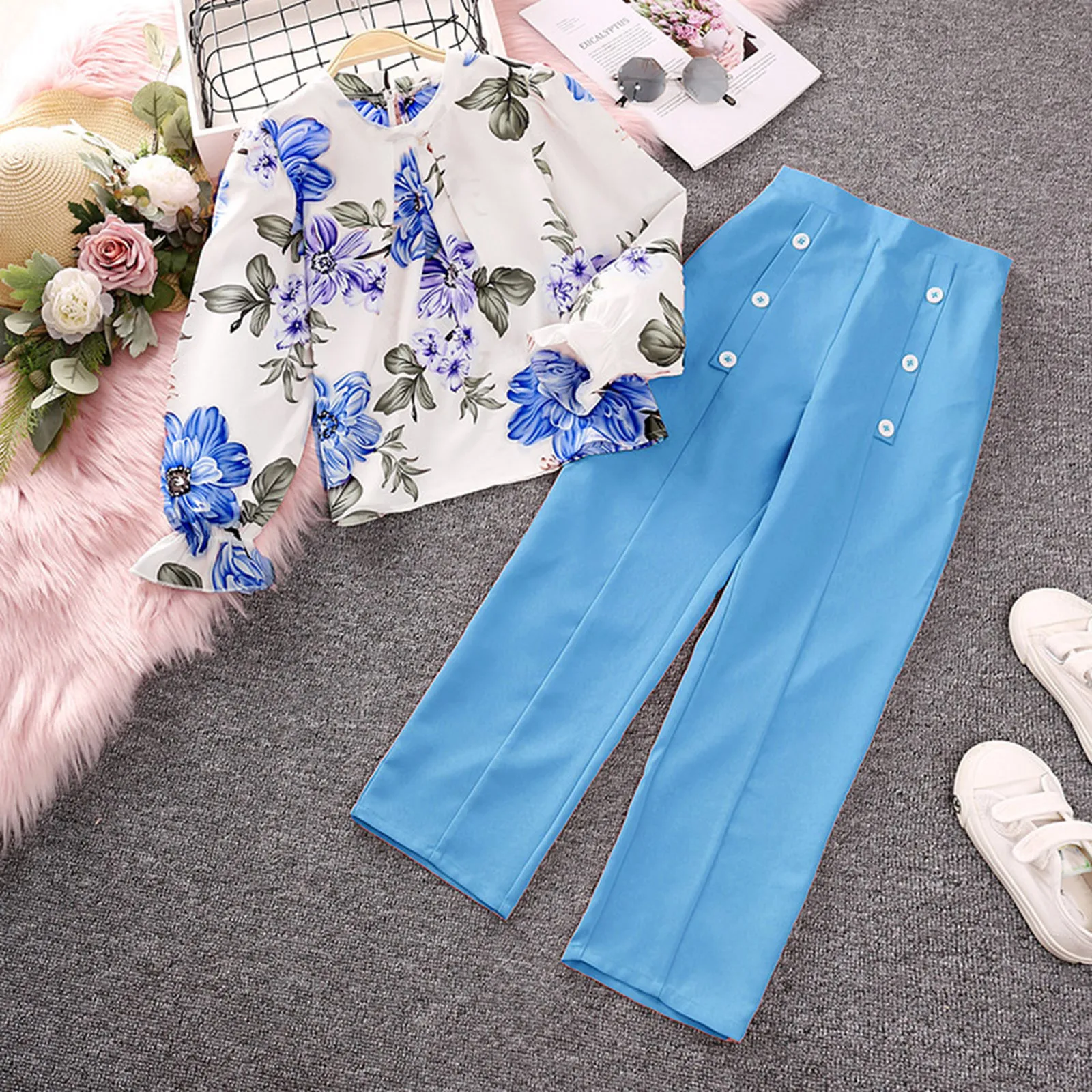 Kids Clothes Sets For Girls 8-12 Years Multiple Colors Flower Print Long Sleeve Tops And Pants Fashion 2Pcs Outfits Sets Clothes