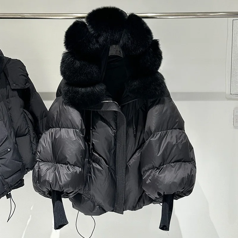 Women Jacket Winter New Natural Large Fur Collar Hooded Down Jacket Female Lantern Sleeve Warm Loose Zippers Jacket Women Coat