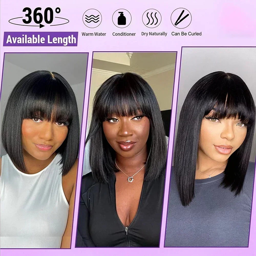 Fake Scalp Wigs Straight Human Hair Wigs With Bangs 180 % Density Brazilian Human Hair Wigs for Women Machine Made Bob Wig