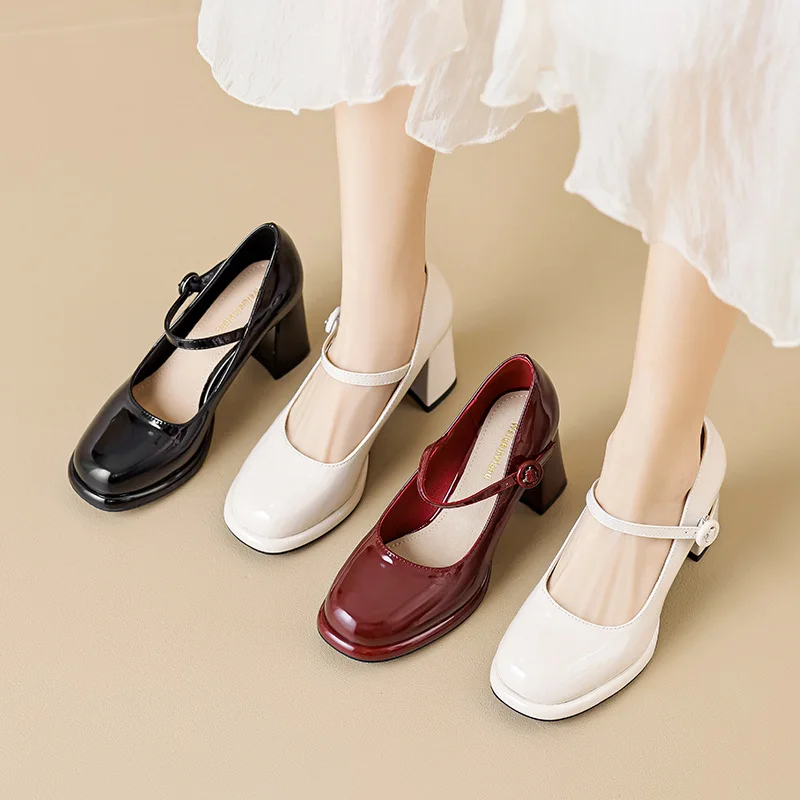 Size 34-40 Mary Jane High Heels Women Shoes Patent Leather Chunky Heels Pumps