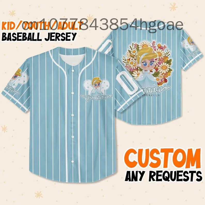 New Disney cinderella Princess Baseball Jersey Outdoor Sports Style Casual Jersey Men's and Women's Custom Name T-shirt