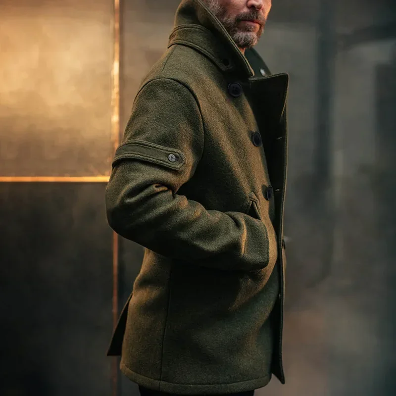 Men Solid Straight Pocket Double Breasted Jacket Autumn Winter Woolen Coat Men Vintage Long Sleeve Turn-down Collar Woolen Coat