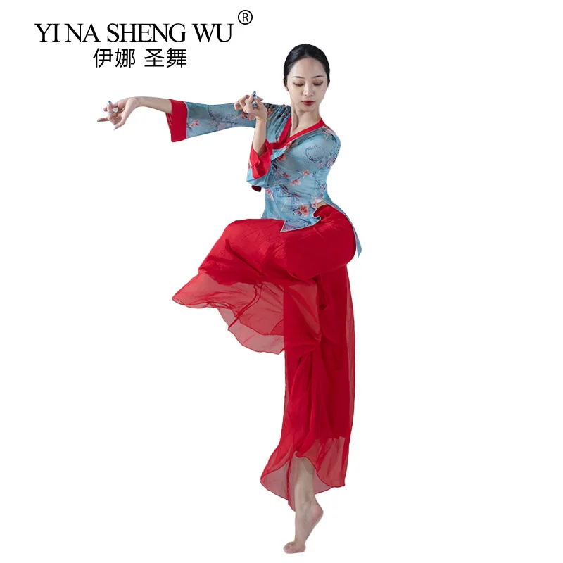 Classical Dance Clothes Oriental Dance Printing Medium Long-sleeved Tops Wide-leg Pants Loose Professional Performance Clothes