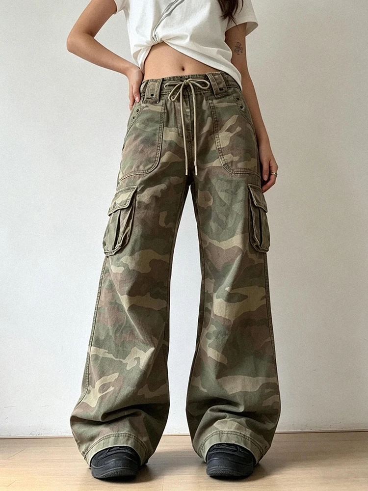 ReddaChic Women Camo Work Pants Hip Hop Multi-pockets Drawstring Straight Low Waist Relaxed Fit Baggy Joggers Vintage Streetwear