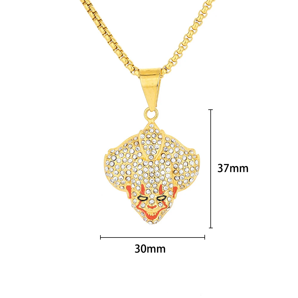 Hip Hop Fashion Clown Iced Out Shiny CZ Pendant Gold Color Stainless Steel Zirconia Necklace for Men Rock Trendy Jewelry Gift