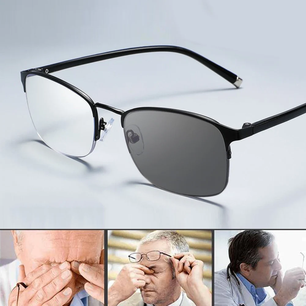 Photochromic Anti-blue Light Reading Glasses Multifocal Smart Zoom Magnifier Business Metal Frame Solid Color Myopia Glasses