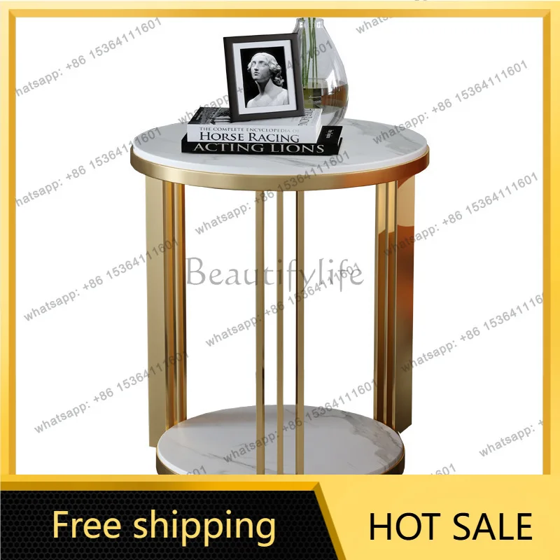 LS light luxury rock slab living room sofa side cabinet stainless steel round simple bedroom bedside table