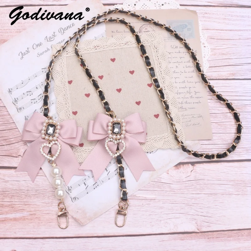 Handmade Japanese Mine Cute Bow Rhinestone Love Pendant Bag Strap Girl Women's Bag Chain Sweet Bag Accessories