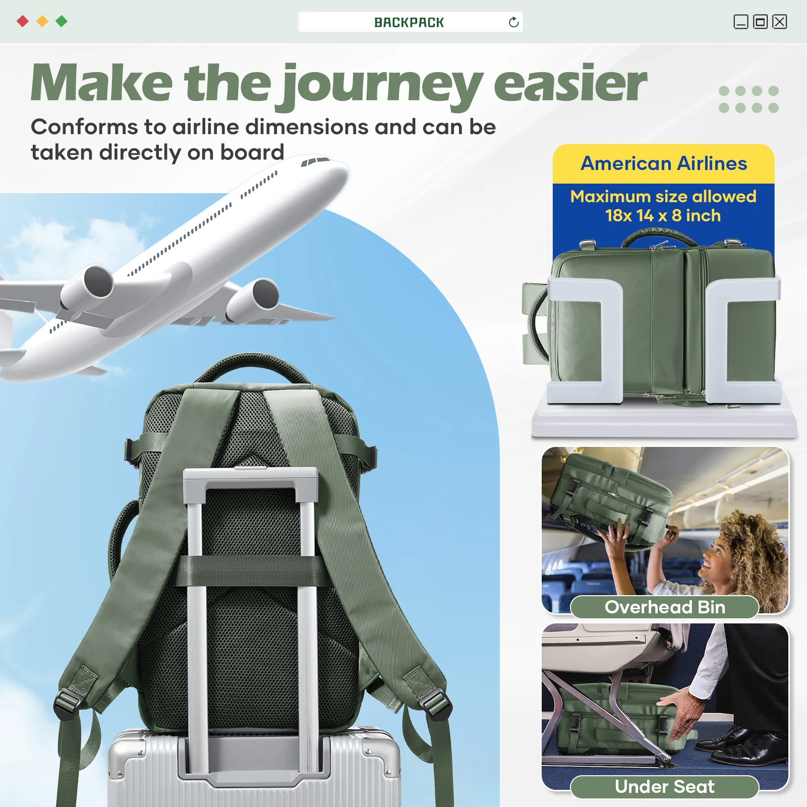 حقيبة ظهر للسفر لمقصورة الطائرات للمسافات القصيرة مقاس 45 × 36 × 20 حقيبة ظهر للأمتعة اليدوية حقيبة المقصورة حقيبة حمل الطائرة، حقيبة ظهر للكلية
