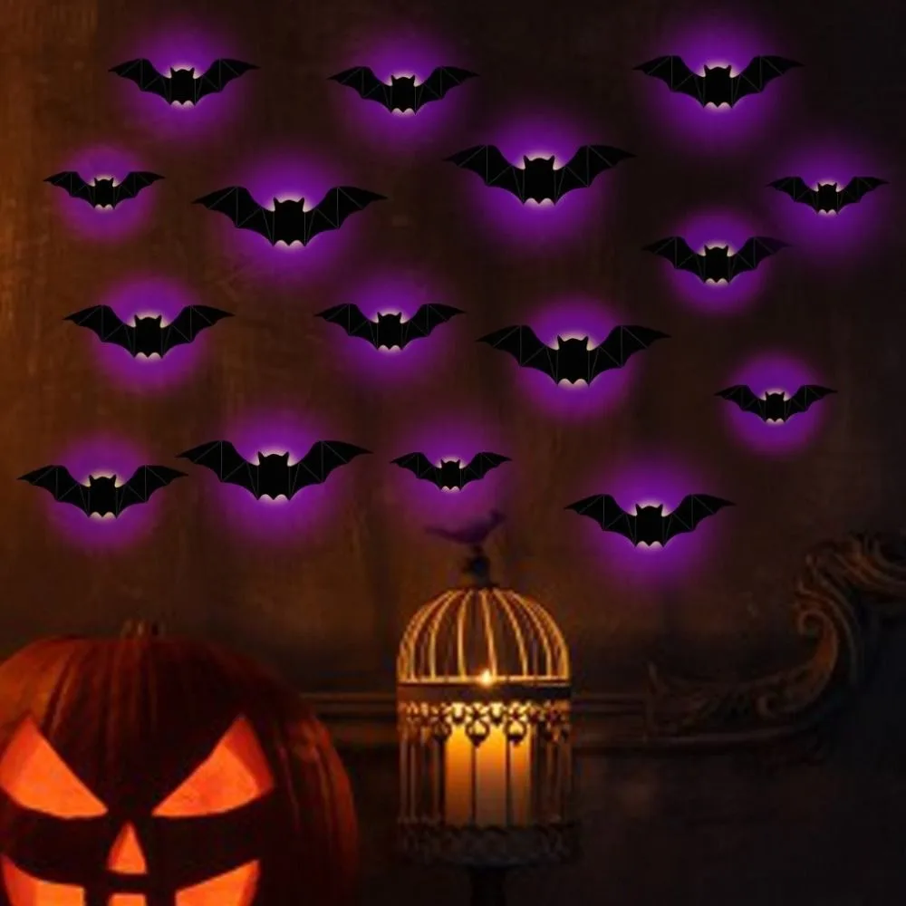 16pcs 3D Luminous Bat Wall Sticker PET Material Self-Adhesive Glowing Wall Sticker Removable Stereoscopic LED Bat Light