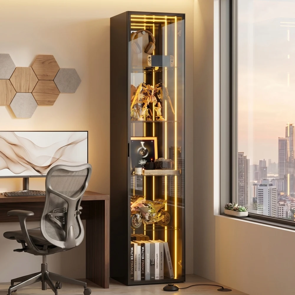 Schwarze Vitrine mit Aluminiumrahmen und Tür aus gehärtetem Glas, 30×30×160 cm, 5 Fächer, verstellbare Einlegeböden, integrierte LED-Lichtleiste, Soft-Close-Scharniere, freistehende Vitrine für