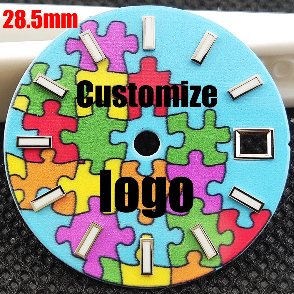 28.5mm watch dial NH34/NH35 dial Puzzle Block Style watch dial blue Luminous watch dial fit NH34 NH35 Movement Customize logo