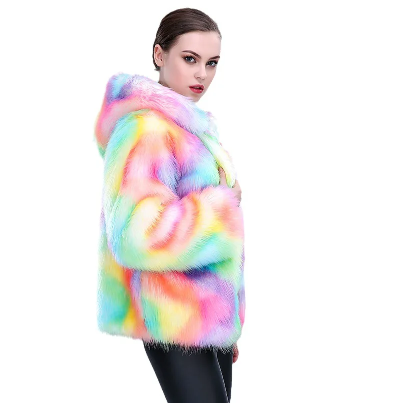 Women's Winter Party Artificial Fur Coat Colorful Pockets Hooded Female's Mink Fur Jacket  Instagram-Style Lady Eco Fur Coat