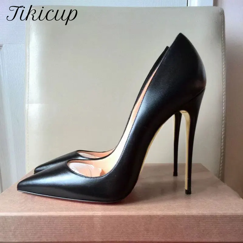 Tikicup Sexy 12/10cm Black Matte Women Pointed Toe High Heels Elegant Ladies Chic Shallow Stiletto Pumps OL Fashion Dress Shoes