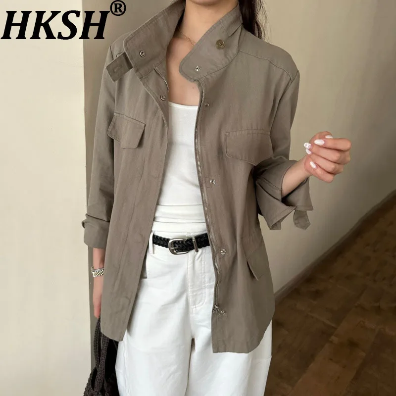 

HKSH Spring Autumn New Women Short Trench Coat Stand Collar Zipper Single Breasted Safari Style Korean Casual Jacket Ins HK12192
