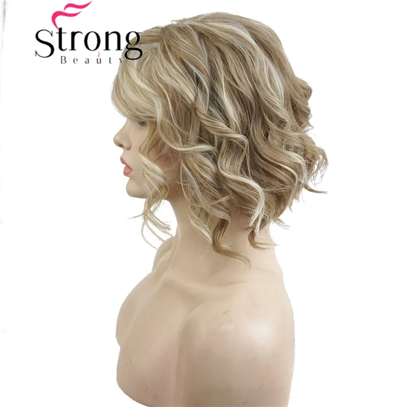 StrongBeauty Women Synthetic Wig Medium Length Curly Light golden Highlighted/Balayage Hair Natural Wigs