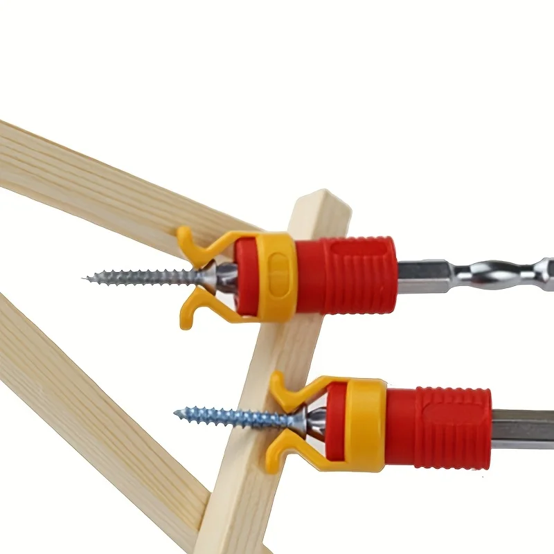 Two screw clamps, woodworking tools, securely hold screws and drill bits, manual operation without electricity.